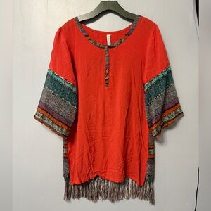 #12)  Monoreno Vibrant Red and Multicolor Tunic